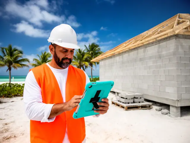 Builder in a white hard hat and orange vest reviewing plans on a turquoise tablet at a block house site