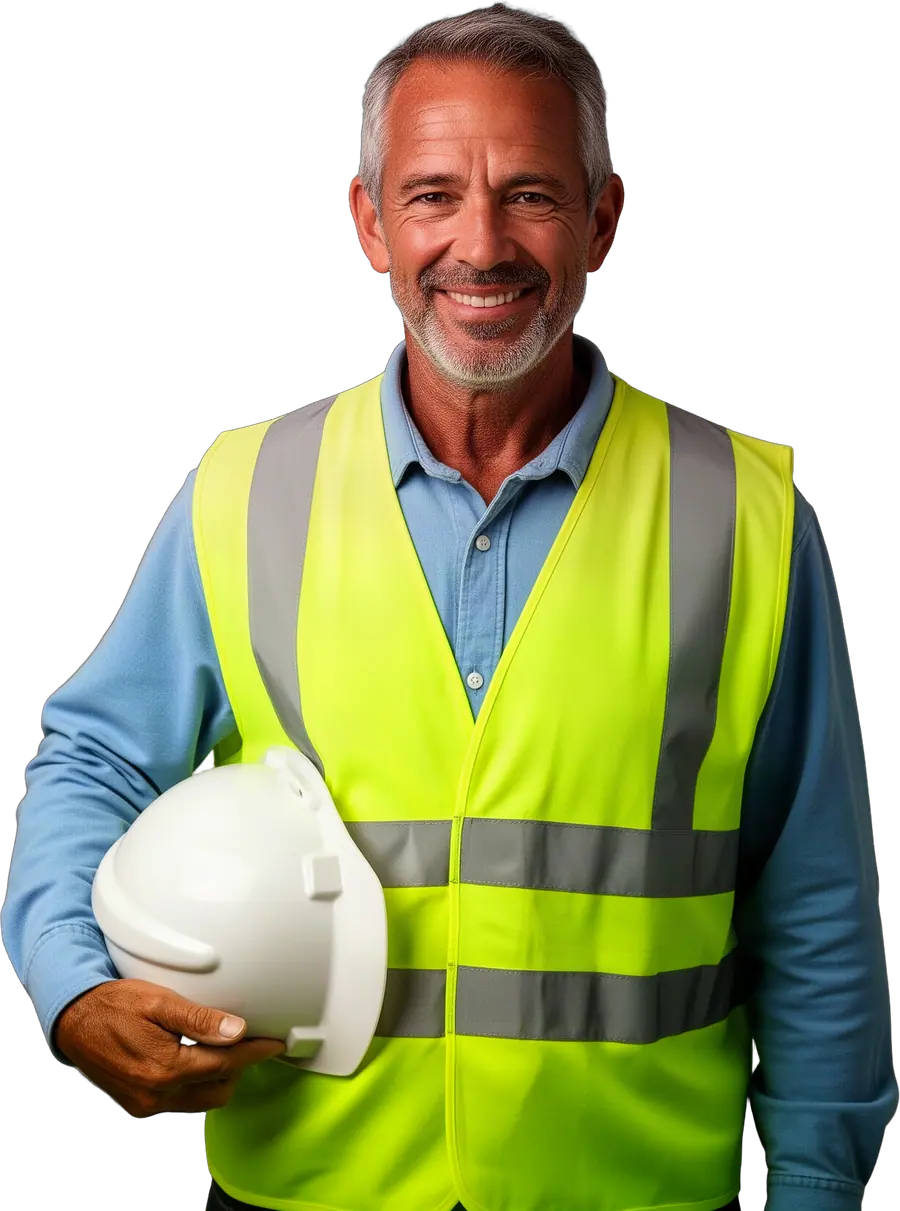 Smiling man in a yellow-green vest holding a white hard hat