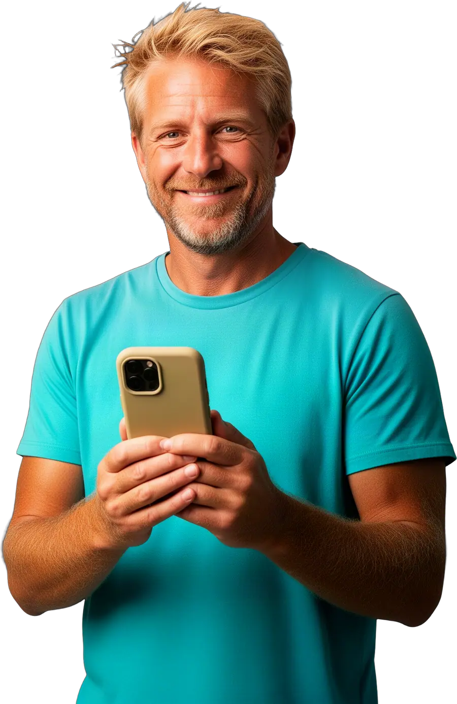 Smiling man in a turquoise t-shirt holding a beige phone in both hands