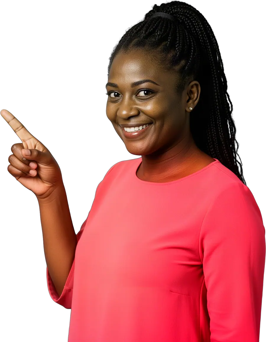 Smiling woman in a coral top pointing up to the side