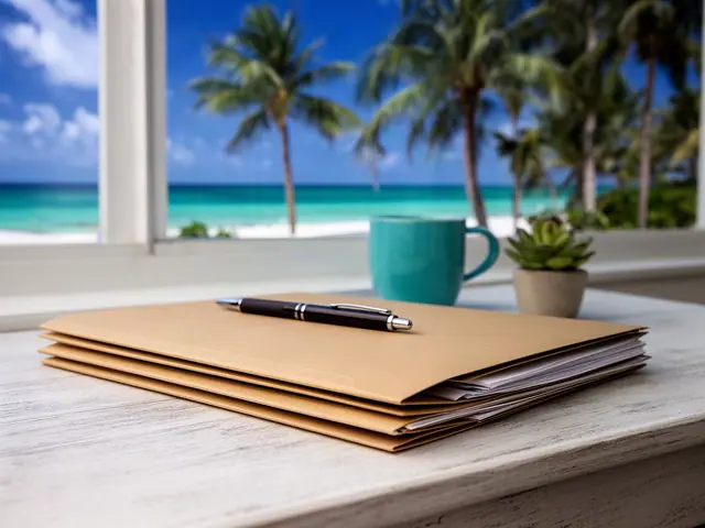 Closed kraft folders with a pen on a whitewashed desk by a window of palms