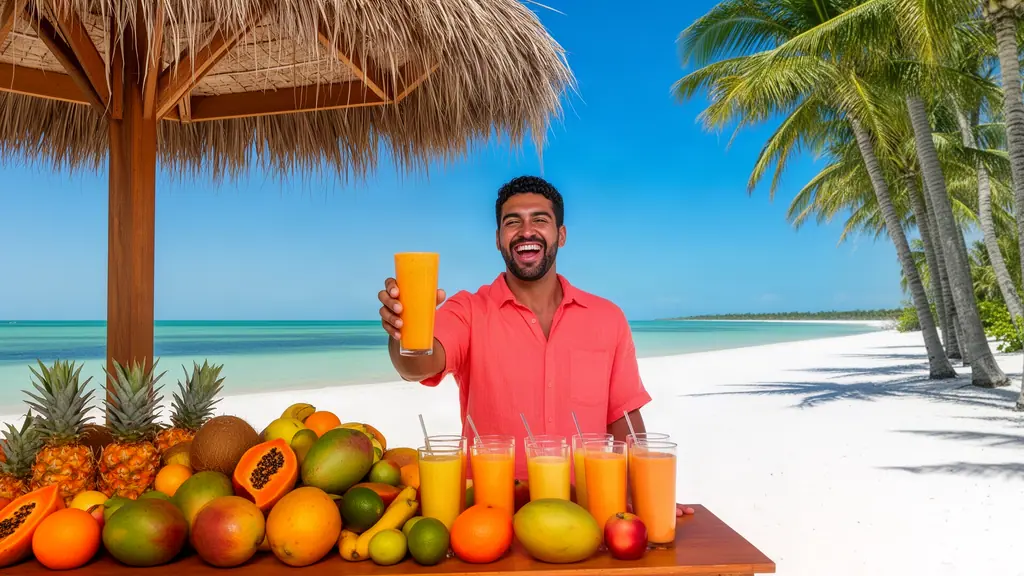 Juice bar owner raising a mango smoothie behind a counter of tropical fruit on a white-sand beach