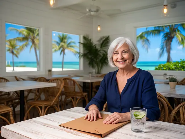 Seafood bistro owner smiling at a table with a folder and iced water