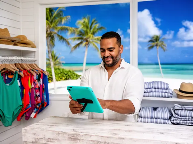 Swimwear shop owner reviewing a turquoise tablet at a whitewashed counter