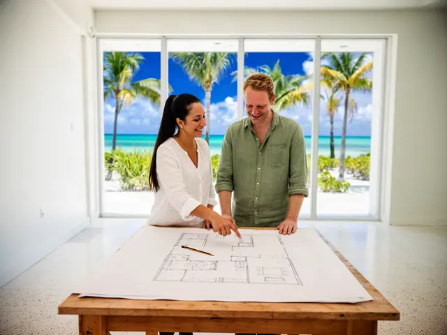 Two business partners reviewing a floor-plan sketch in a bright glass-fronted space