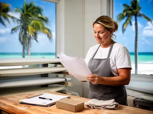 Surfboard shaper reading invoice sheets in a workshop with blank white boards